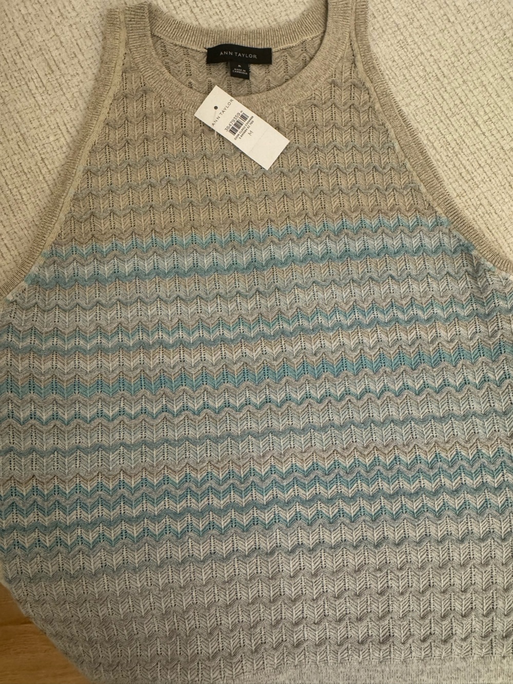 Ann Taylor Beige and Light Blue Chevron Knit Tank Sweater